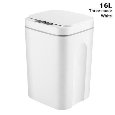 Smart Induktions Beröringsbar Papperskorg Självstängande Självbytande Avfallsbehållare Automatiskt Öppningsbart Lock Kompatibel med Tre Lägen Vit 16L