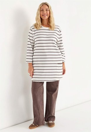Cellbes of Sweden - Jerseytunika i økologisk bomuld med lommer i hvid/brun/stribet til damer i størrelse 50/52