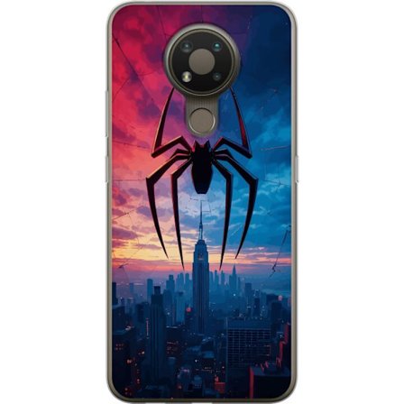 Yhteensopiva Puhelinkuori Nokia Nokia 3.4 Tyylikäs hämähäkki kaupungin horisontin yläpuolella dramaattisessa auringonlaskussa, graafinen fantasia