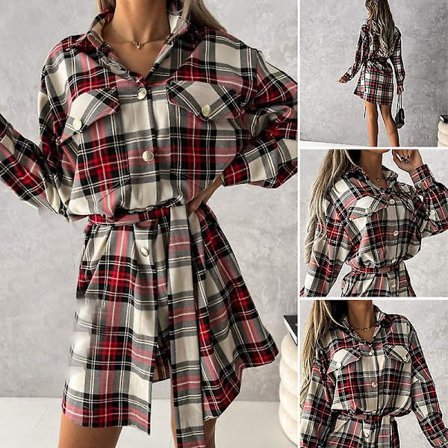 Dame Langærmet Ternet Tunika Top Skjorte Casual Kjole Med Taljebælte Efterår Forår Forsyning