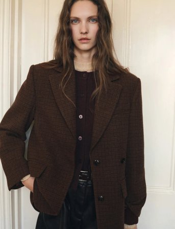 Mango Micro Houndstooth Wool Blazer - Brown - S