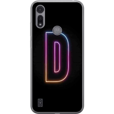 Kompatibel Mobilcover til Motorola Motorola Moto E6i Minimalistisk neonbogstav D i farveskiftende lys mod sort baggrund i moderne digital design