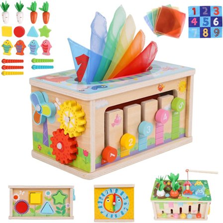 6-i-1 Montessori leksak med pappersnäsdukslåda, lämplig för bebisar 6+ månader gamla, har aktivitetsklossar i trä och pussel för barn i åldern 12-18 