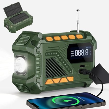 Nødradio Sveivradio AM FM NOAA med Solcelle Powerbank 4000mAh Lommelykt SOS