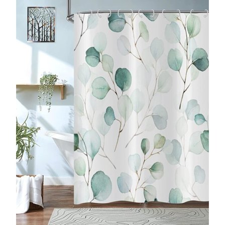 Grønne Blade Bruseforhæng 120x180, Salviegrøn Eukalyptus Blade Bruseforhæng Akvarel Botanisk Plante Badeforhæng Vandtæt Polyesterstof W