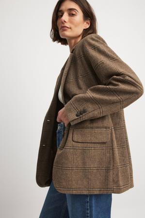 NA-KD Classic Blazer surdimensionné en laine mélangée à carreaux - Tenue de bureau - Brun - EU 34