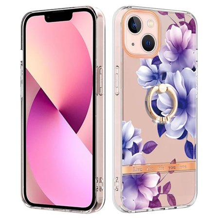 TPU Skal iPhone 15 Ringhållare Blå Blommor