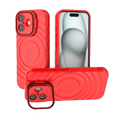 Kompatibel med iPhone 17 Cover, Fuld Linse Cover, Usynlig Stand, Bølgepap Faldsikret Cover (Rød)