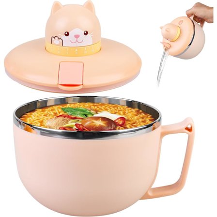 Ramen Skål med Lock, 1200ml Stor Snabbnudelskål med Timer Tillverkad av 304 Rostfritt Stål Pastaskålar Snabbnudelskål (Katt)