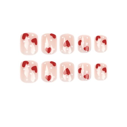24 stk. Røde Hjerte Kvadratiske Korte Falske Negle, Nøgne og Hvide Negle