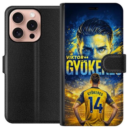 Yhteensopiva Lompakkokotelo Apple Apple iPhone 16 Pro Viktor Gyökeres jalkapallojuliste keltaisella ja sinisellä värimaailmalla, dramaattinen stadi