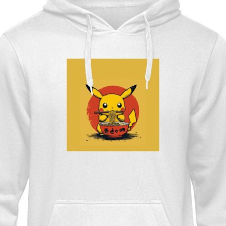 Barnehettegenser Pikachu animefigur som spiser ramen i japansk stil på en gul bakgrunn, et trendy motiv perfekt for fans av Pokémon og kawaii.
