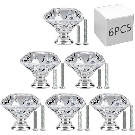6 stk skap knotter, 30mm skuffhåndtak krystallglass diamantformet skap dørknotter for kommodeskuffer og kjøkken, baderomsskap, kontor