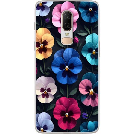 Kompatibelt Mobildeksel til OnePlus 6 Dekorativt blomstermønster med fargerike pensélignende blomster og mørk elegant bakgrunn
