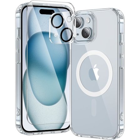 3-i-1 skal för iPhone 15 Plus, transparent med MagSafe, gulnar inte, skärmskydd*1, kameralinsskydd*1, mobilskal 6,7 tum, transparent