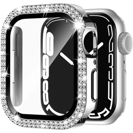 Bling Glass+ cover för Apple Watch Case 45mm 41mm 40mm 44mm 42mm 38mm Diamant stötfångare+skärmskydd iwatch series 7 9 8 5 6 SE C silver 41mm Series 7