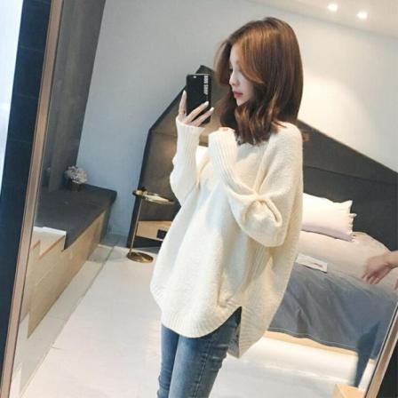 Kvinder Strik Efterår Vinter Sweater Løs Base Mode Kvinders Mid-Long Top Western Style White 106*63cm