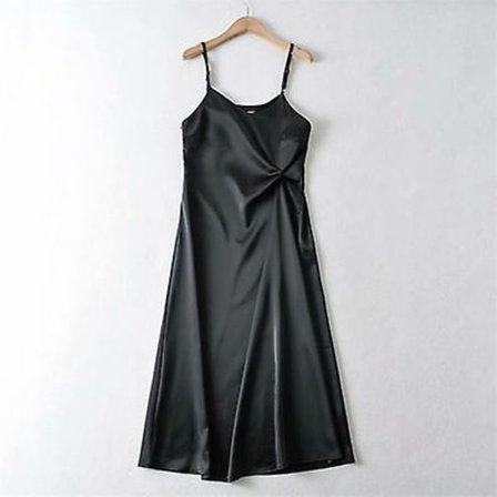 Plisserad midja tunn sling imitation satin enfärgad klänning