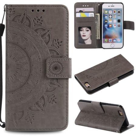 Iphone 6/6s Plus - Mandala Läder Fodral - Grå Grey Grå