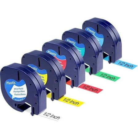 Etikett tape kompatibel med Dymo LetraTag, 12mm x 4m, 5-pakning, svart på hvit/rød/gul/blå/grønn