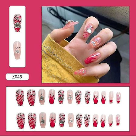 Falske Negle med Lim Press On Negle Medium Længde, Rød Flamme Hjerte Bjørn Rhinestone Design Akryl Negle Artific