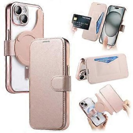 Kompatibelt iPhone 15 Plus-deksel kompatibelt med MagSafe, avtakbart telefondeksel i skinn med linsefilm (rosagull)