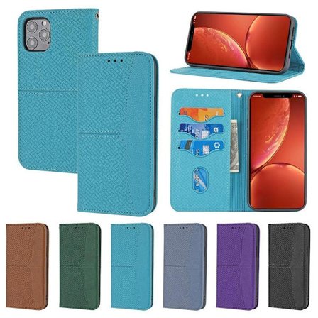 (För iPhone 15) Vävd textur läder plånbok mobilskal med kortfack