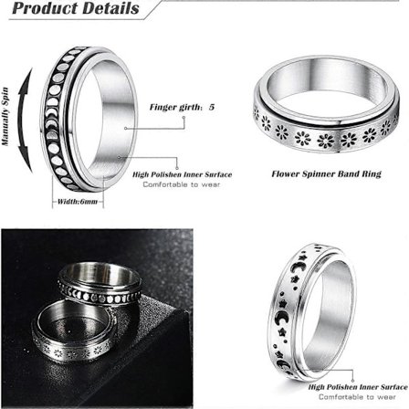 4 st. Snurrande Ringar i Rostfritt Stål för Kvinnor och Män - Spinnare Ringar med Blomma, Måne och Stjärna - Coola Ringar för Stressreducering - 