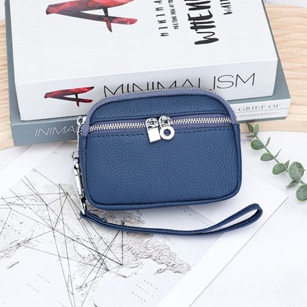 Lille pung med lynlås til damer, mini pung i ægte læder med møntpung Blue