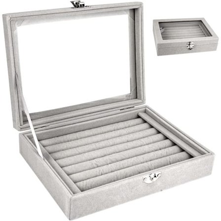 Ringhållare, Grå Sammet Ringdisplay Stativ med Lock, Ringhållare