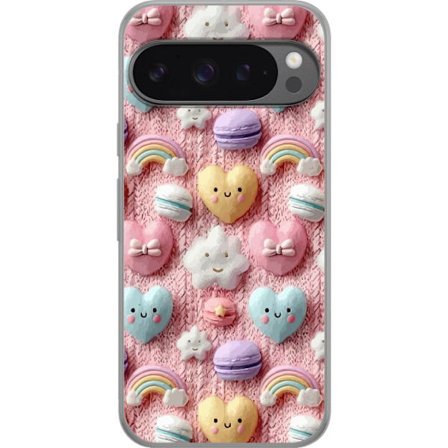 Yhteensopiva Puhelinkuori Google Pixel 9 Pro XL Pastellimotiiivi sydämillä, pilvillä, sateenkaarilla ja makaronseilla vaaleanpunaisella taustalla sulo