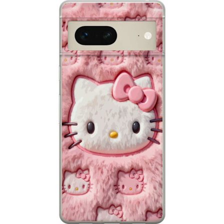 Kompatibelt Mobildeksel til Google Pixel 7 Hello Kitty rosa fluffy bakgrunn med ikoniskt ansikt og kawaii-estetikk