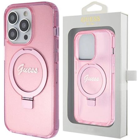 Guess Ring Stand Script Glitter MagSafe beskyttelsesdeksel til iPhone 15 Pro - rosa