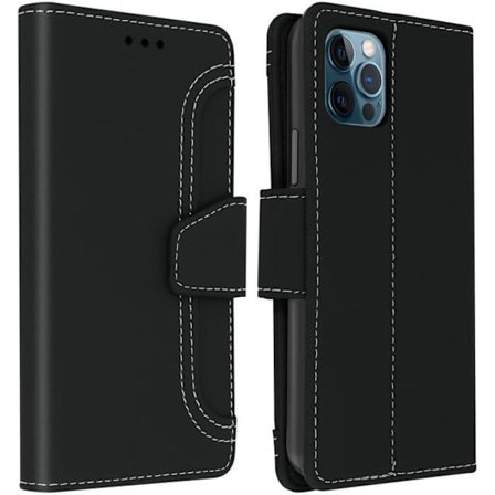 Folio-penkkitasku - AVIZAR - iPhone 12/12 Pro - Ekologinen nahka musta - Tukitoiminto - Korttipaikat
