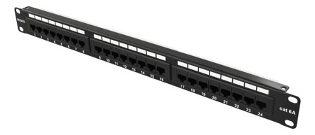 Deltaco UTP Patchpanel 24xRJ45, Cat6A, crown, 1U, 19, metal labels, black
