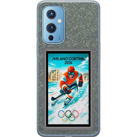 Yhteensopiva Puhelinkuori OnePlus 9 Curlingkuvitus pelaajilla ja kivillä jäällä, Milano Cortina 2026, lumisia roiskeita ja olympiasormukset