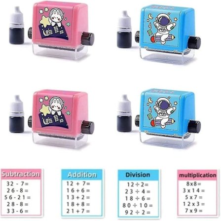 4 stk. Matematiske rullestempler, Addisjon Subtraksjon Multiplikasjon Divisjon Rullestempel, Gjenbrukbart Matematisk Rullestempel med Blekk for 