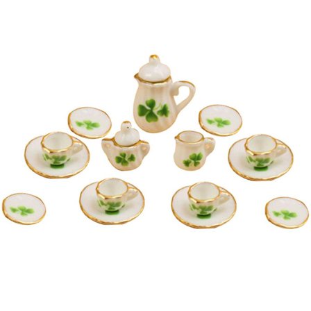 Farfi 15-dels set med miniatyrdockhus i keramik med blommiga tekannor, koppar och fat, leksak