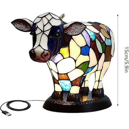 Dyre bordlampe, dyre bordlampe serie, retro bordlampe, ko bordlampe, sengebordlampe med USB A+C porte, gave til piger mor