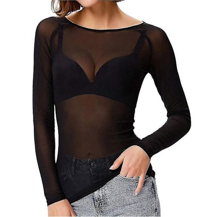 Jul Kvinder Transparent Langærmet Sømløs Arm Shaper Top Mesh Skjorte Bluse Sort