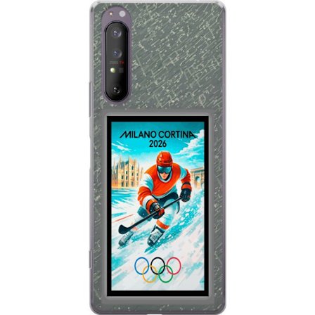 Yhteensopiva Puhelinkuori Sony Xperia 1 II Curlingkuvitus pelaajilla ja kivillä jäällä, Milano Cortina 2026, lumisia roiskeita ja olympiasormukset