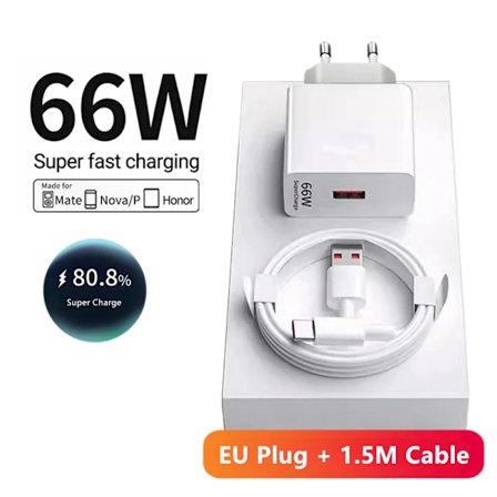 6A 66W Supersnabb EU Väggladdare för Huawei Mate 40 50 60 P50 Nova 8 9 10 Honor 90 100 X7 X8 X9 Magic Typ C Laddnings-USB-kabel