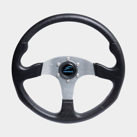 Timón lancha a motor Nautflex, acero inoxidable y plástico, Ø343 mm, con cubo, compatible con eje de timón de 3/4′′ (19 mm), negro/plata