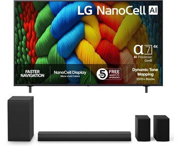LG 65NANO80A6B + NS40TR - 65" NanoCell TV med soundbar, subwoofer & två högtalare