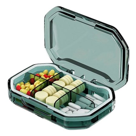 Denna praktiska 7-dagars pillerask har en design med 4/6 fack, gott om utrymme, snäppstängning, bra tätning och ett fack i fickformat.