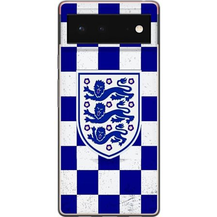 Kompatibel Mobilcover til Google Google Pixel 6 Grafisk skakternet mønster i blåt og hvidt med et klassisk heraldisk emblem, retro-inspireret sport-