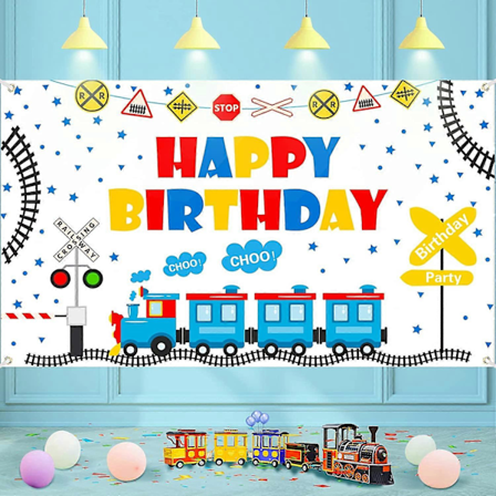 Tågtema Grattis På Födelsedagen Banner Bakgrund Tågfest Dekorationer för Pojke Flicka Barn Tåg Födelsedagsfest Tillbehör Järnvägsövergång Tågtema Fest