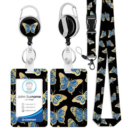 Retrakterbar Lanyard-korthållare (Svart Fjäril), Retrakterbar Lanyard ID och Badge-hållare för Skrivbord, Nycklar, Mobiltelefoner, Bussbiljetter, etc.