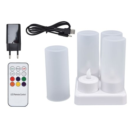 Uppladdningsbara LED flimrande flamlösa ljus Färgglada värmeljus med fjärrkontroll och laddningsbas för fester 100‐240VUS-kontakt