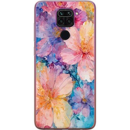 Yhteensopiva Puhelinkuori Xiaomi Xiaomi Redmi Note 9 Vesivärimaalaus suurilla kukilla vaaleanpunaisissa, sinisissä ja keltaisissa sävyissä pehmeä